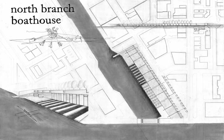 Boathouse site plan and perspective drawing