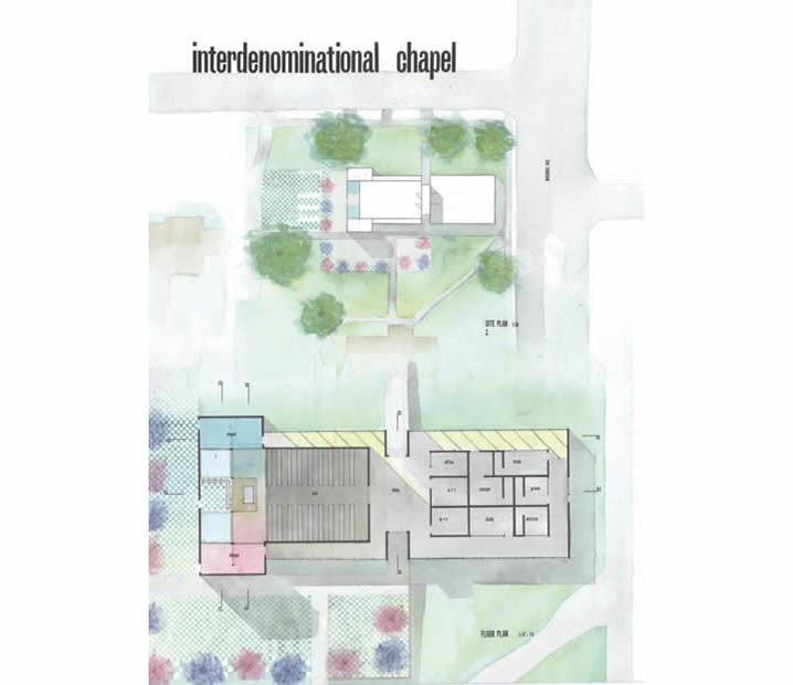 Site plan and floor plan in watercolor of chapel