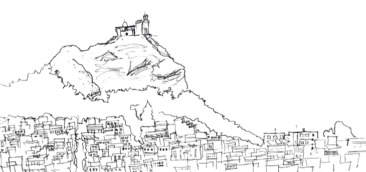 Pen sketch of Lycabettus Hill in Athens