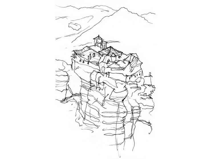 Pen sketch of a monastery in Meteora
